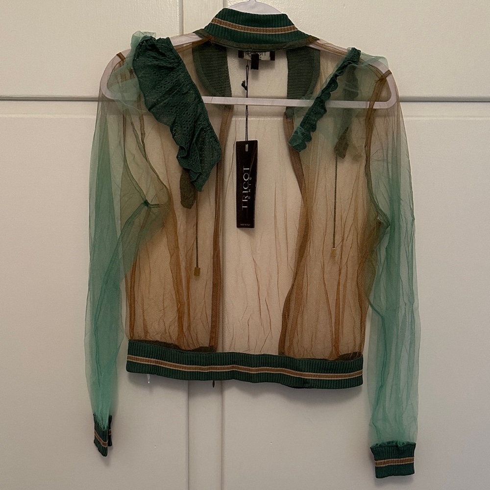 NWT Tricot Chic Taglia Modello Sheer Bomber Jacket Crochet - Picture 6 of 6